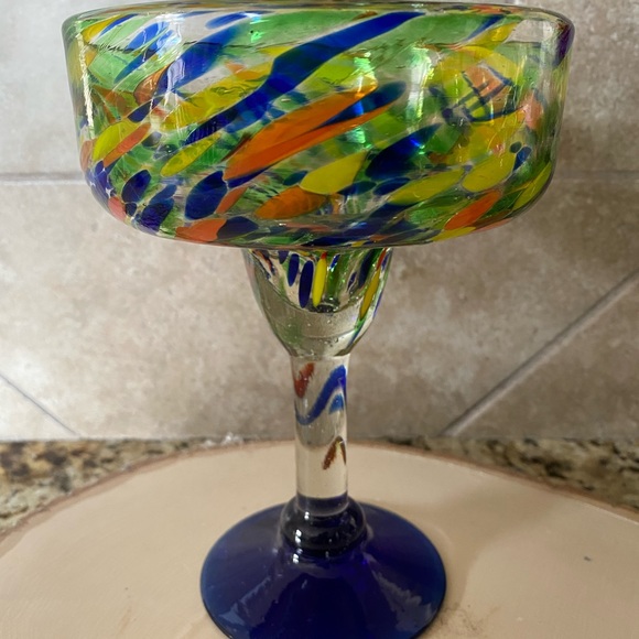 Mexico Mouth Blown Confetti Cobalt Blue Stem Base Margarita Glass Thick Heavy - Picture 14 of 14